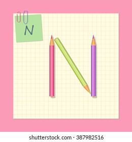 The alphabet consists of colored pencils. Letter N. Vector illustration