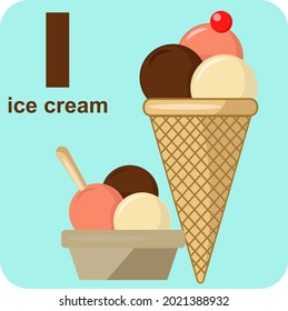 The alphabet cube with the lette I ice cream. Vector illustration on the theme of games and education.