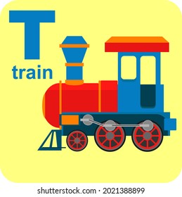 The alphabet cube with the letter T train. Vector illustration on the theme of games and education.