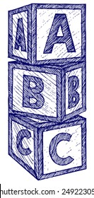 Alphabetwürfel mit A-, B-, C-Buchstaben. Doodle-Stil