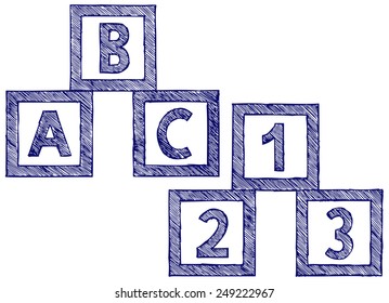 Alphabet cubes with A,B,C letters and numerals. Doodle style