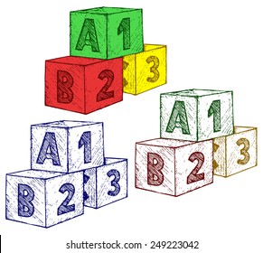 Alphabet cubes with A,B,C letters and numerals. Doodle style