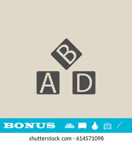 Alphabet cubes icon flat. Grey pictogram on light background. Vector illustration symbol and bonus button real estate, ottoman, vase, tv, fishing rod