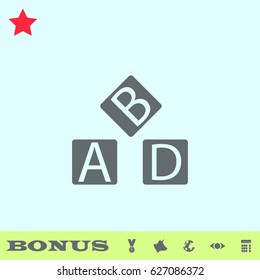 Alphabet cubes icon flat. Grey pictogram on blue background. Vector illustration symbol and bonus buttons medal, cow, earth, eye, calculator