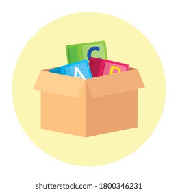 cubos alfabetos con letras a, b, c, en caja de cartón, en marco redondo de diseño de ilustración vectorial