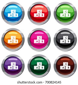 Alphabet cubes with letters A,B,C set icon isolated on white. 9 icon collection vector illustration