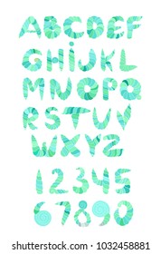 alphabet with curls and seashells. Marine design. Vector letters and numbers