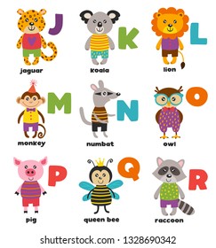 alphabet with cute animals J to R - vector illustration, eps
