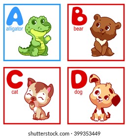 An alphabet with cute animals, letters A to D. Funny cartoon animals. Cartoon vector alphabet isolated on a white background.