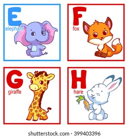 An alphabet with cute animals, letters E to H. Funny cartoon animals. Cartoon vector alphabet isolated on a white background.