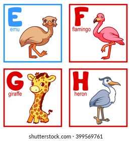An alphabet with cute animals, letters E to H. Funny cartoon animals. Cartoon vector alphabet isolated on a white background.