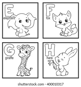An alphabet with cute animals, letters E to H. Funny cartoon animals. Cartoon vector alphabet isolated on a white background.