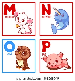 An alphabet with cute animals, letters M to P. Funny cartoon animals. Cartoon vector alphabet isolated on a white background.