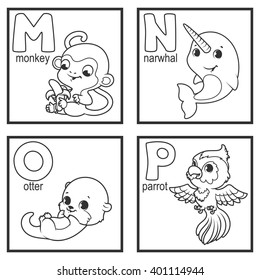 An alphabet with cute animals, letters M to P. Funny cartoon animals. Cartoon vector alphabet isolated on a white background.
