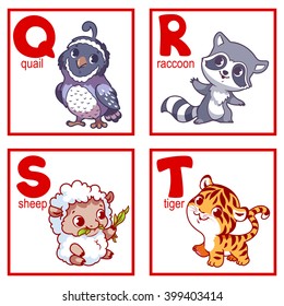 An alphabet with cute animals, letters Q to T. Funny cartoon animals. Cartoon vector alphabet isolated on a white background.