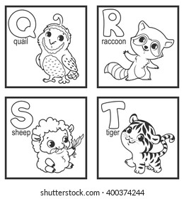 An alphabet with cute animals, letters Q to T. Funny cartoon animals. Cartoon vector alphabet isolated on a white background.