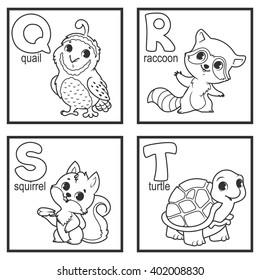An alphabet with cute animals, letters Q to T. Funny cartoon animals. Cartoon vector alphabet isolated on a white background.