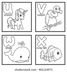 An alphabet with cute animals, letters U to X. Funny cartoon animals. Cartoon vector alphabet isolated on a white background.