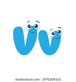 Alphabet Cute Blue letter V with eyes. Cute children ABC alphabet flash card with letter V for kids learning English vocabulary. Illustration of funny Cartoon Alphabet font type character.