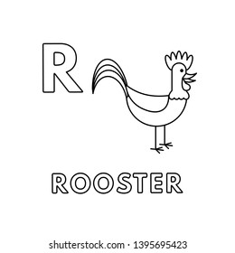 Alphabet with cute cartoon animals isolated on white background. Coloring pages for children education. Vector illustration of rooster and letter R