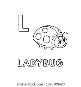 Alphabet with cute cartoon animals isolated on white background. Coloring pages for children education. Vector illustration of ladybug and letter L