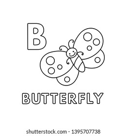 Alphabet with cute cartoon animals isolated on white background. Coloring pages for children education. Vector illustration of butterfly and letter B
