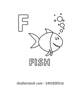 Alphabet with cute cartoon animals isolated on white background. Coloring pages for children education. Vector illustration of fish and letter F