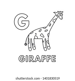 Alphabet with cute cartoon animals isolated on white background. Coloring pages for children education. Vector illustration of giraffe and letter G