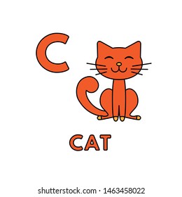 Alphabet with cute cartoon animals isolated on white background. Flashcard for children education. Vector illustration of cat and letter C