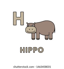 Alphabet with cute cartoon animals isolated on white background. Flashcard for children education. Vector illustration of hippo and letter H