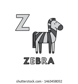 Alphabet with cute cartoon animals isolated on white background. Flashcard for children education. Vector illustration of zebra and letter Z