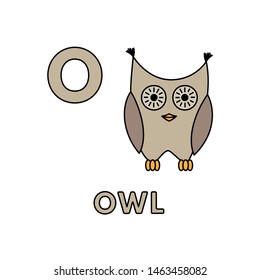 Alphabet with cute cartoon animals isolated on white background. Flashcard for children education. Vector illustration of owl and letter O