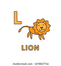 Alphabet with cute cartoon animals isolated on white background. Flashcard for children education. Vector illustration of lion and letter L