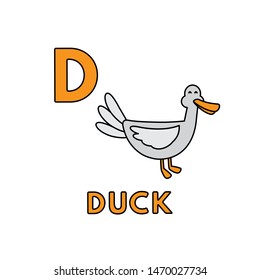 Alphabet with cute cartoon animals isolated on white background. Flashcard for children education. Vector illustration of duck and letter D