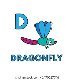 Alphabet with cute cartoon animals isolated on white background. Flashcard for children education. Vector illustration of dragonfly and letter D
