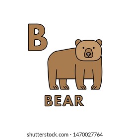 Alphabet with cute cartoon animals isolated on white background. Flashcard for children education. Vector illustration of bear and letter B