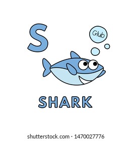 Alphabet with cute cartoon animals isolated on white background. Flashcard for children education. Vector illustration of shark and letter S