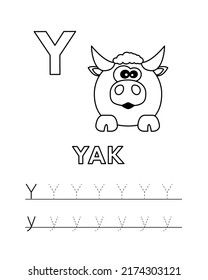 Alphabet with cute cartoon animals isolated on white background. Coloring pages for children education. Vector illustration of yak and tracing practice worksheet letter Y