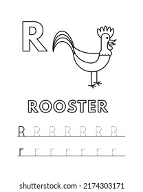 Alphabet with cute cartoon animals isolated on white background. Coloring pages for children education. Vector illustration of rooster and tracing practice worksheet letter R