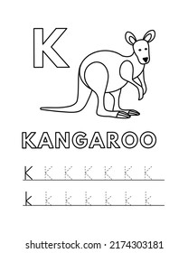 Alphabet with cute cartoon animals isolated on white background. Coloring pages for children education. Vector illustration of kangaroo and tracing practice worksheet letter K