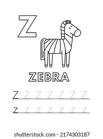 Alphabet with cute cartoon animals isolated on white background. Coloring pages for children education. Vector illustration of zebra and tracing practice worksheet letter Z