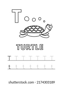 Alphabet with cute cartoon animals isolated on white background. Coloring pages for children education. Vector illustration of turtle and tracing practice worksheet letter T