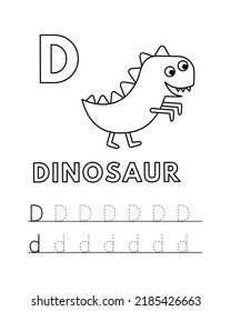 Alphabet with cute cartoon animals isolated on white background. Coloring pages for children education. Vector illustration of dinosaur and tracing practice worksheet letter D