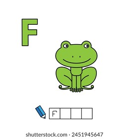 Alphabet with cute cartoon animals isolated on white background. Learning to write game for children education. Vector illustration of frog and letter F