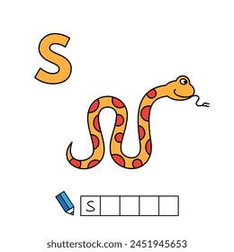 Alphabet with cute cartoon animals isolated on white background. Learning to write game for children education. Vector illustration of snake and letter S