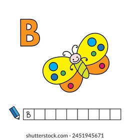 Alphabet with cute cartoon animals isolated on white background. Learning to write game for children education. Vector illustration of butterfly and letter B