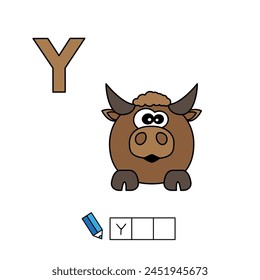 Alphabet with cute cartoon animals isolated on white background. Learning to write game for children education. Vector illustration of yak and letter Y