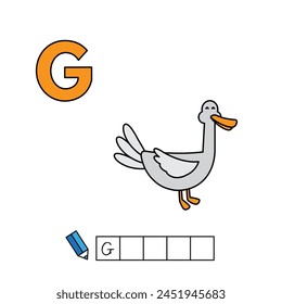 Alphabet with cute cartoon animals isolated on white background. Learning to write game for children education. Vector illustration of goose and letter G