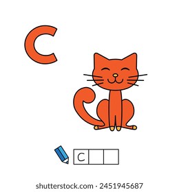 Alphabet with cute cartoon animals isolated on white background. Learning to write game for children education. Vector illustration of cat and letter C