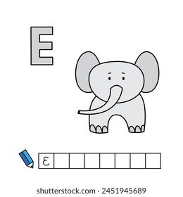 Alphabet with cute cartoon animals isolated on white background. Learning to write game for children education. Vector illustration of elephant and letter E